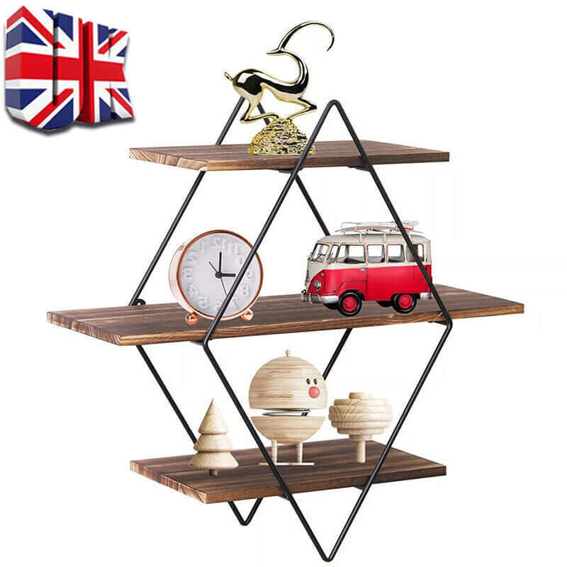 3‑Tier Floating Wall Shelf – Wooden & Black Metal Frame Display Unit