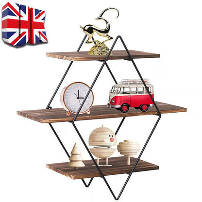 3‑Tier Floating Wall Shelf – Wooden & Black Metal Frame Display Unit