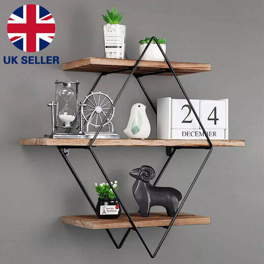 3‑Tier Floating Wall Shelf – Wooden & Black Metal Frame Display Unit