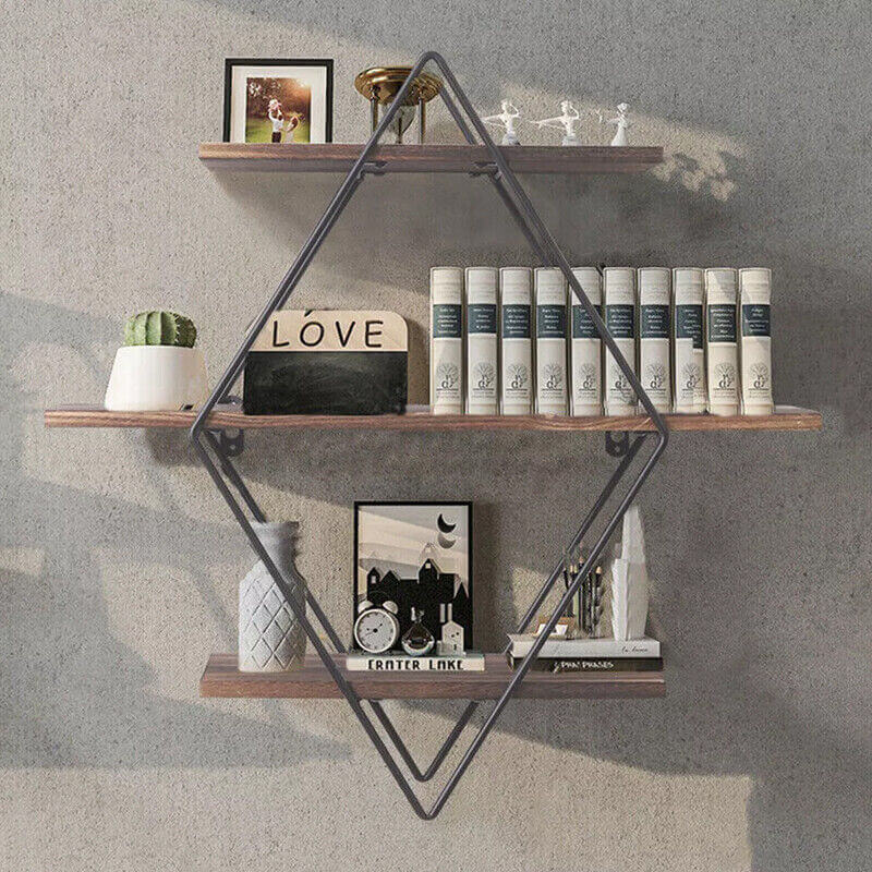 3‑Tier Floating Wall Shelf – Wooden & Black Metal Frame Display Unit