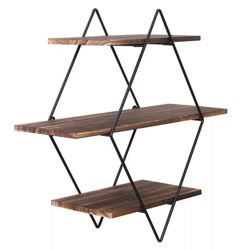 3‑Tier Floating Wall Shelf – Wooden & Black Metal Frame Display Unit