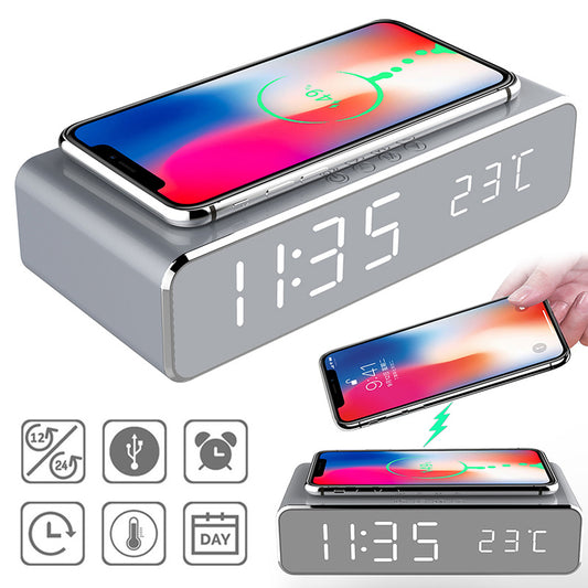 LED Alarm Clock with Wireless Charger & Thermometer – Mirror Design