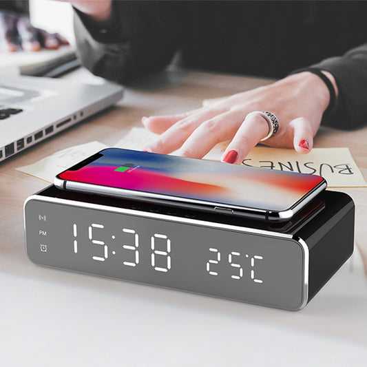 LED Alarm Clock with Wireless Charger & Thermometer – Mirror Design