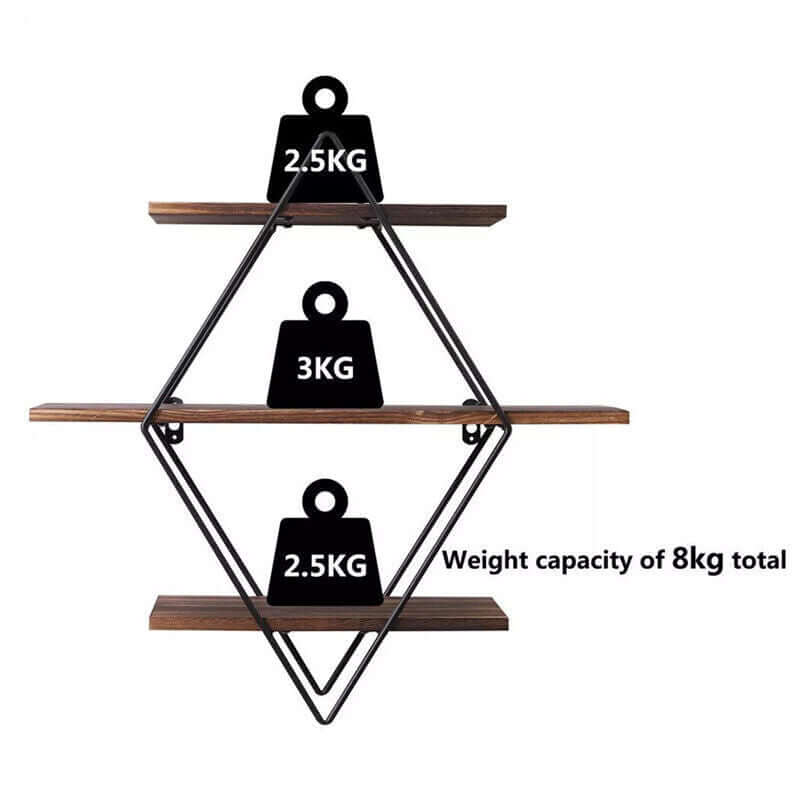 3‑Tier Floating Wall Shelf – Wooden & Black Metal Frame Display Unit