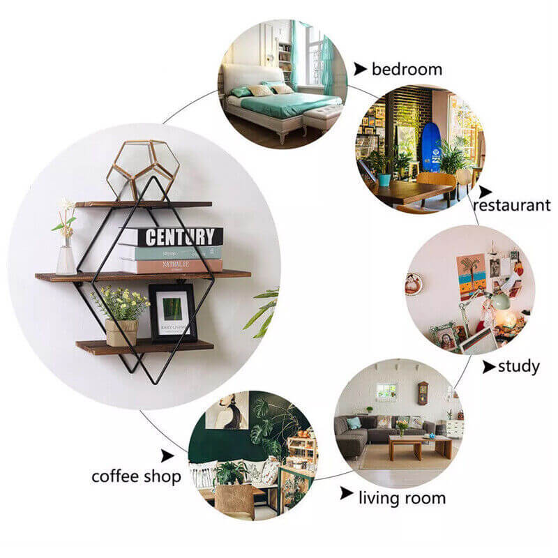 3‑Tier Floating Wall Shelf – Wooden & Black Metal Frame Display Unit