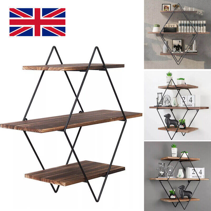 3‑Tier Floating Wall Shelf – Wooden & Black Metal Frame Display Unit