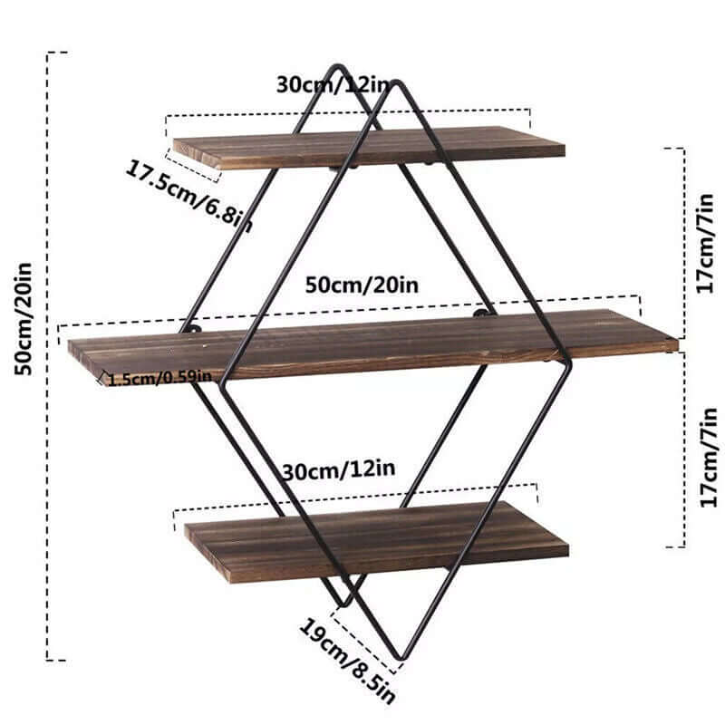 3‑Tier Floating Wall Shelf – Wooden & Black Metal Frame Display Unit